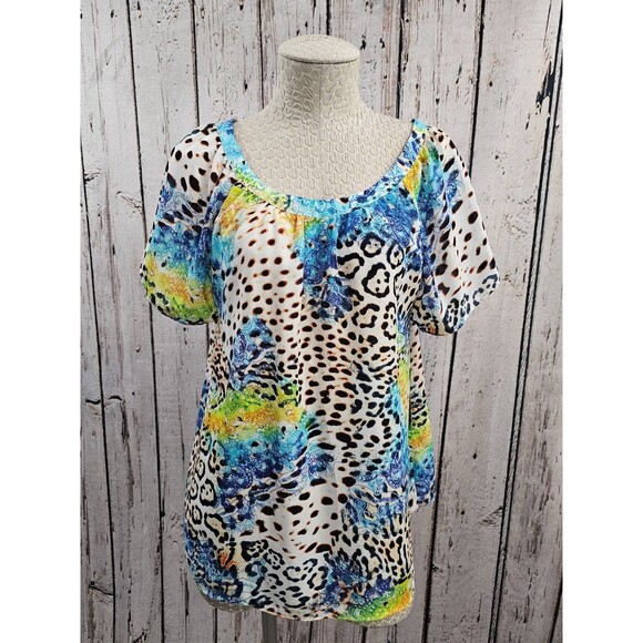 ALK Women's Medium Valerie Stevens Multicolor Popvoer Open Back Blouse Shirt Top - Picture 2 of 8